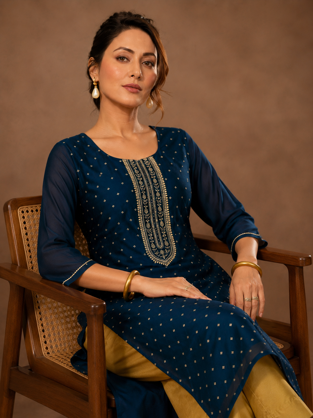 Navy Blue Gold Embroidered Jacquard Straight Kurti