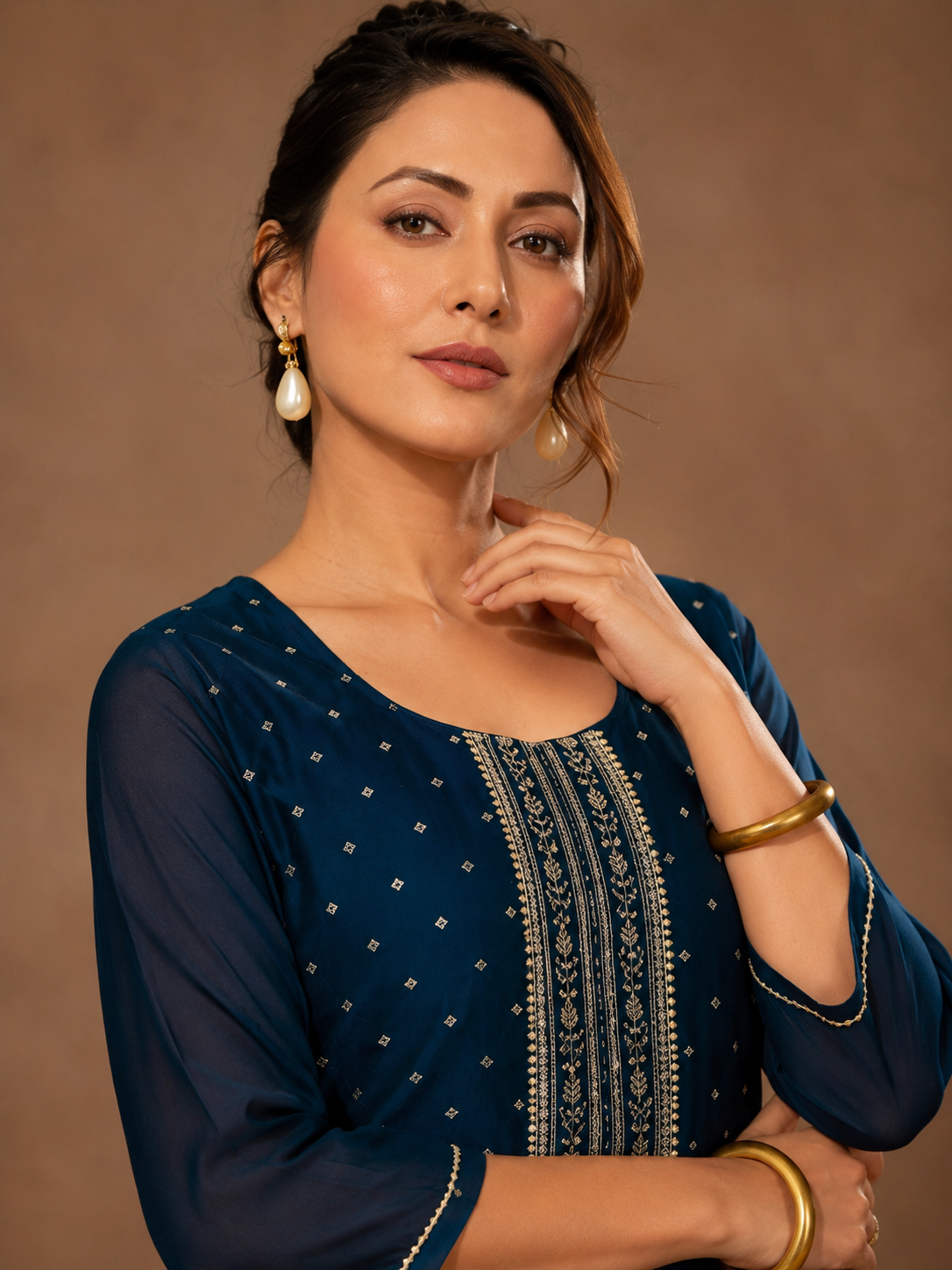 Navy Blue Gold Embroidered Jacquard Straight Kurti