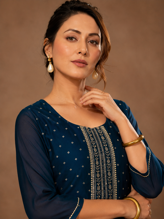 Navy Blue Gold Embroidered Jacquard Straight Kurti