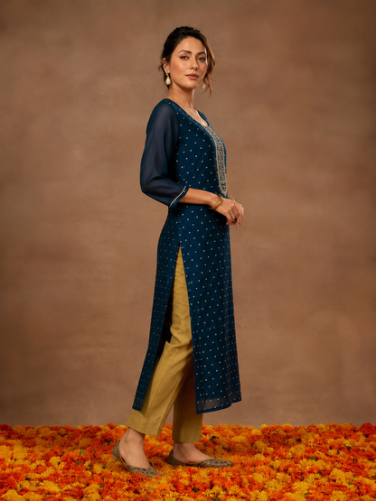 Navy Blue Gold Embroidered Jacquard Straight Kurti