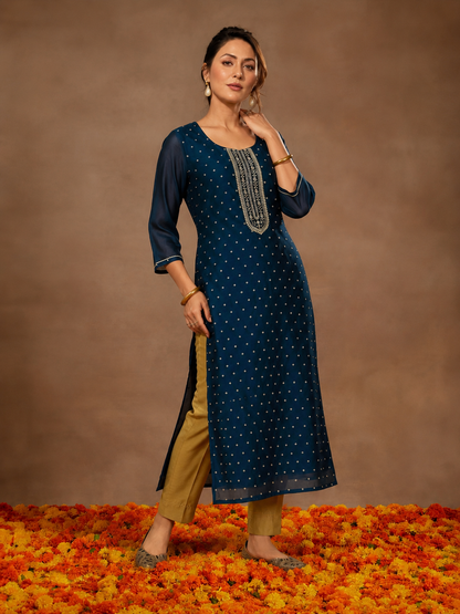 Navy Blue Gold Embroidered Jacquard Straight Kurti