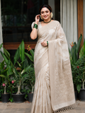 Ivory Woven Premium Silk Saree with Antique Gold Border | Onam Special Collection