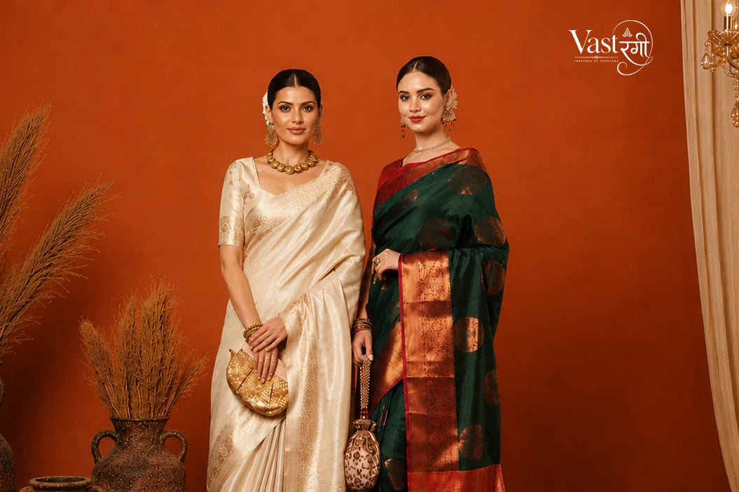 Two women in traditional sarees standing against an orange wall with decorative elements.