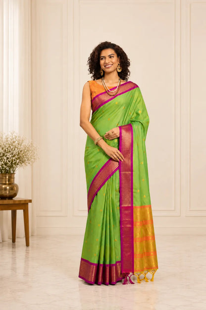Parrot Green Cotton Silk Saree with Pink Zari Border & Contrast Orange Pallu