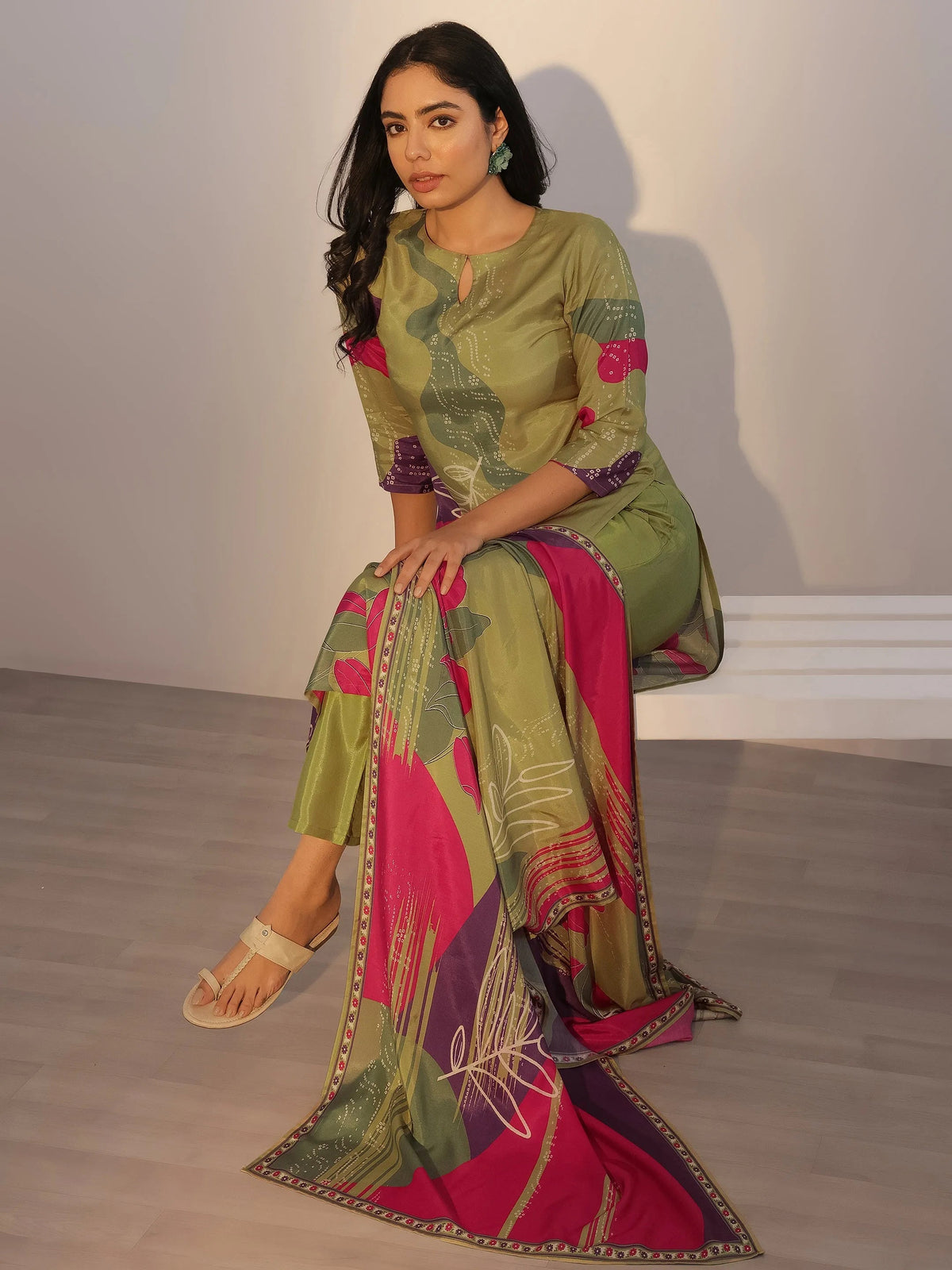 Green Abstract Printed Silk Blend Straight Kurta Set with Dupatta