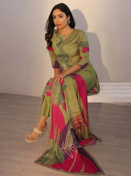 Green Abstract Printed Silk Blend Straight Kurta Set with Dupatta