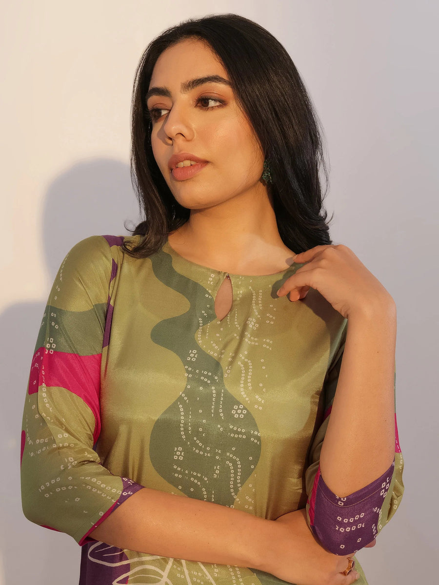 Green Abstract Printed Silk Blend Straight Kurta Set with Dupatta