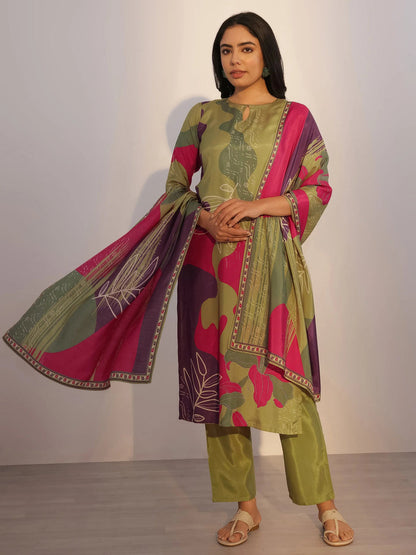 Green Abstract Printed Silk Blend Straight Kurta Set with Dupatta