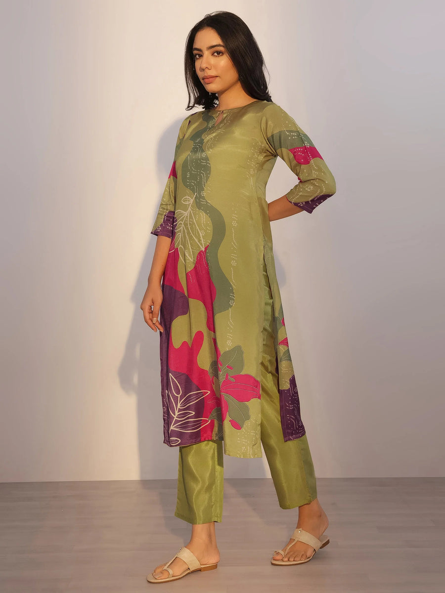 Green Abstract Printed Silk Blend Straight Kurta Set with Dupatta