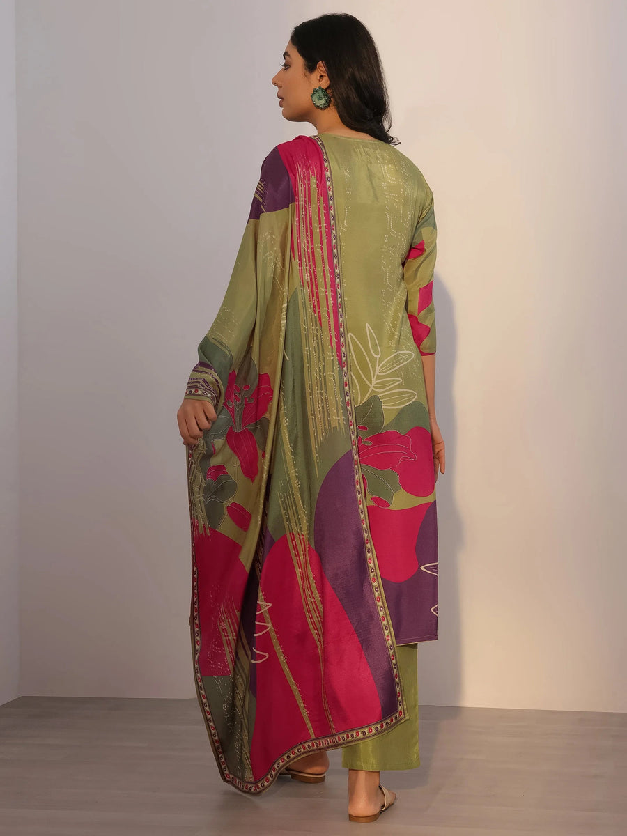Green Abstract Printed Silk Blend Straight Kurta Set with Dupatta