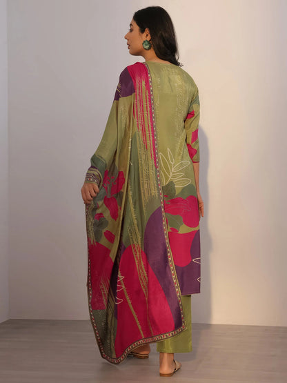Green Abstract Printed Silk Blend Straight Kurta Set with Dupatta