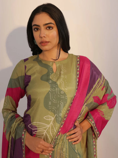 Green Abstract Printed Silk Blend Straight Kurta Set with Dupatta