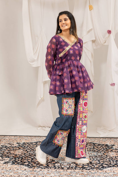Purple Peplum Top Denim Palazzo Pants