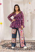 Purple Printed Kediya with Embroidered Mirror Work Denim Jeans Set