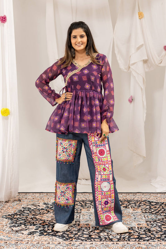 Purple Peplum Top Denim Palazzo Pants