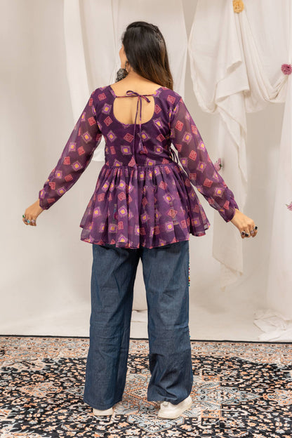 Purple Peplum Top Denim Palazzo Pants