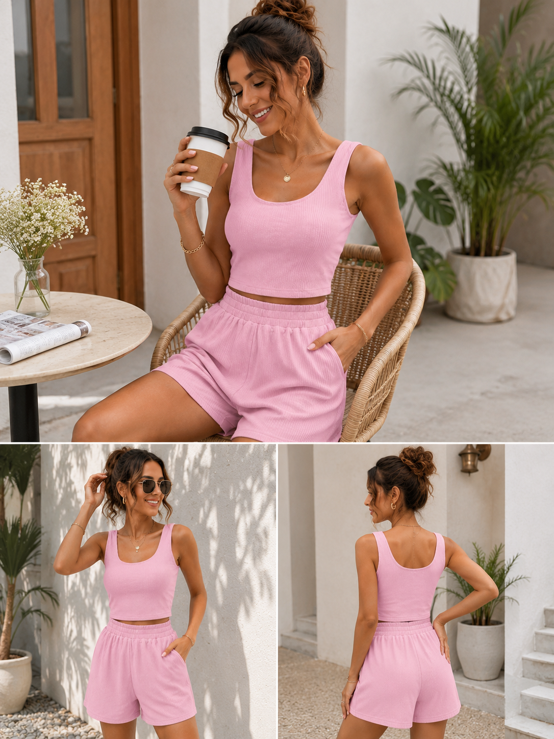 Women’s Pink Ribbed Tank Top & Shorts Co-Ord Set