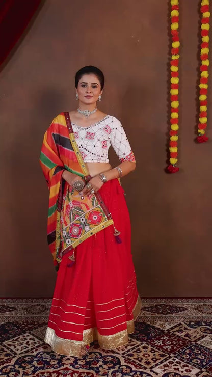 Red Navratri Lehenga Set with Printed Faux Georgette Dupatta, Mirror Work & Gota Detailing