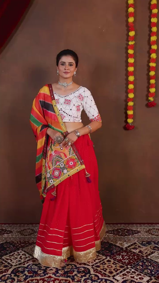 Red Navratri Lehenga Set with Printed Faux Georgette Dupatta, Mirror Work & Gota Detailing