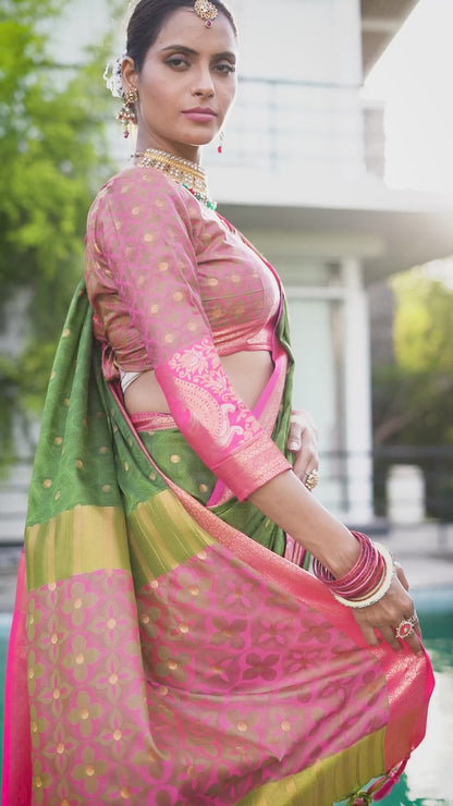 Mehendi Green Banarasi Silk Saree with Rani Pink Peacock Zari Border