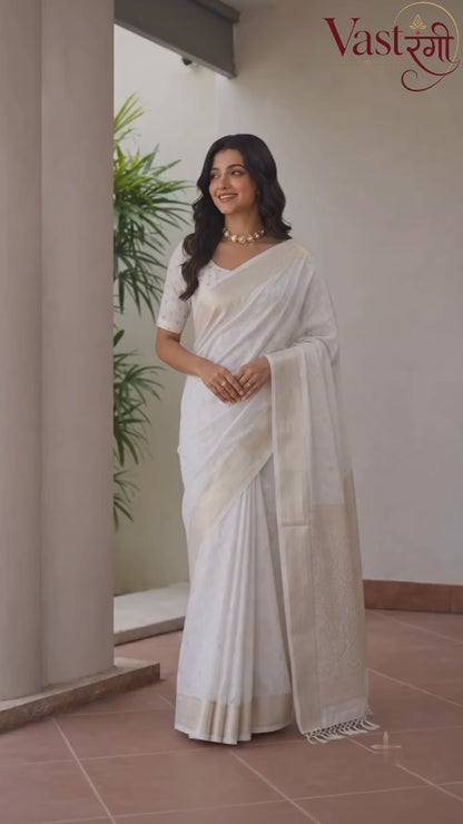 Premium Off White Gold Butti Zari Woven Saree with Rich Pallu & Tassels | Wedding & Festive Wear