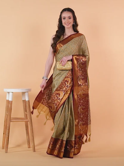 Chiku Beige Banarasi Silk Saree with Maroon Peacock Zari Border