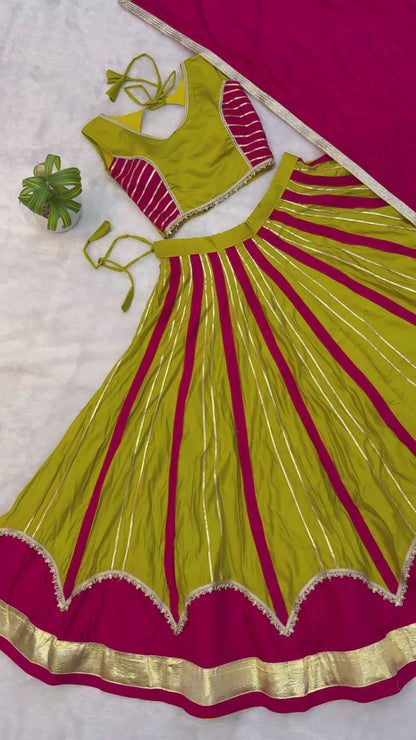 Yellow & Pink Roman Silk Navratri Lehenga Choli with Fancy Lace