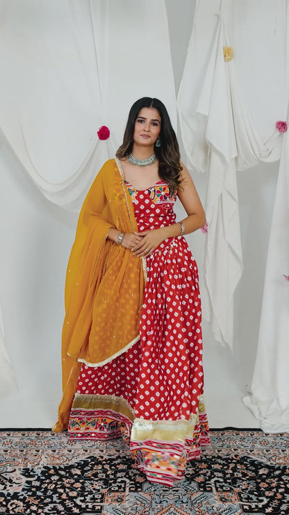Red Pure Cotton Navratri Lehenga Set with Mirror Work & Printed Dupatta