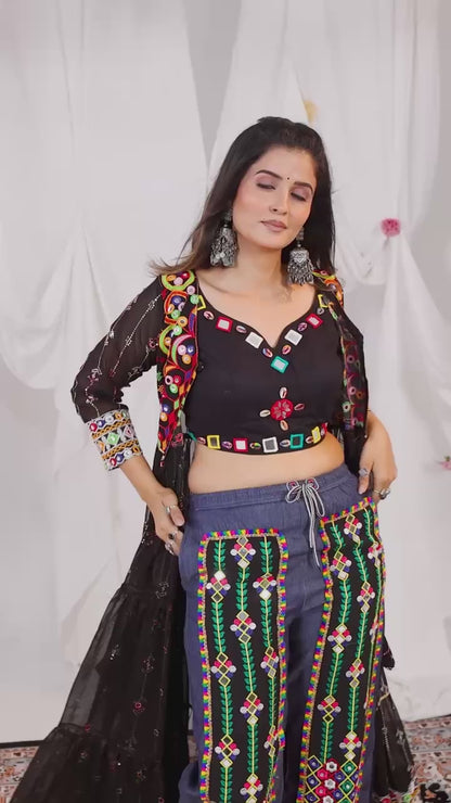 Black Navratri Shrug with Mirror Work & Embroidered Denim Jeans Set