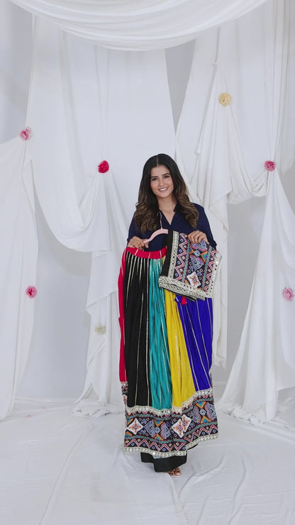 Multicolour Navratri Lehenga Set in Pure Rayon with Patola Print & Mirror Work