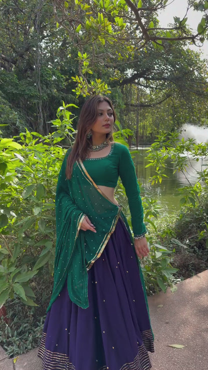 Navy Blue Roman Silk Navratri Lehenga Choli with Mirror Work & Ghughari Lace