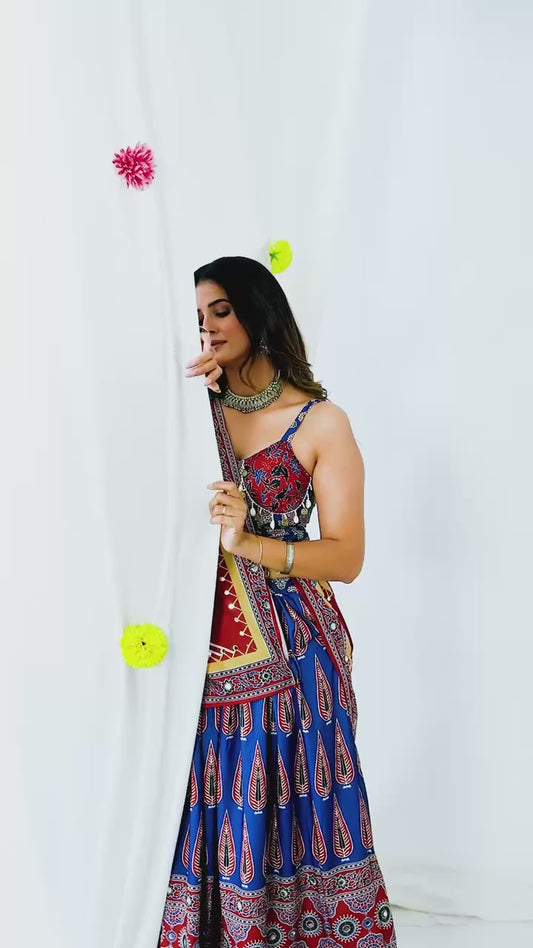 Navy Blue Ajrakh Print Lehenga Choli with Red Dupatta