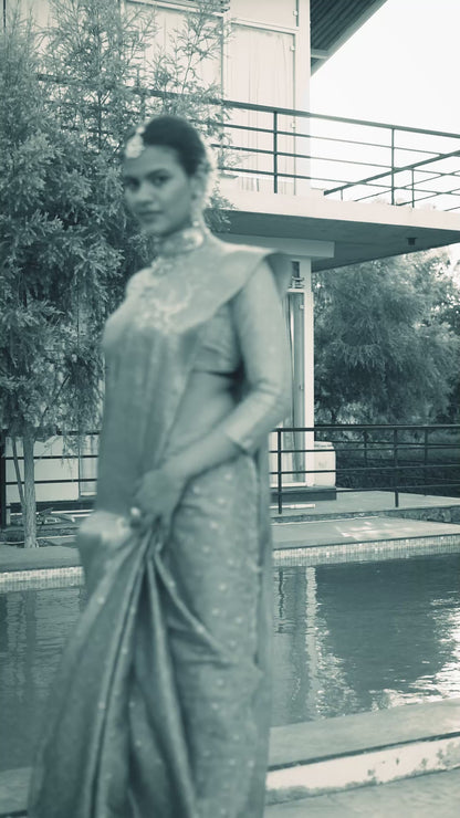 Mustard Gold Banarasi Silk Saree with Rani Pink Peacock Zari Border