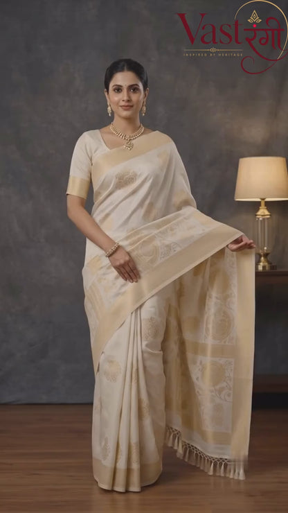Royal Ivory Self Woven Banarasi Silk Saree Onam
