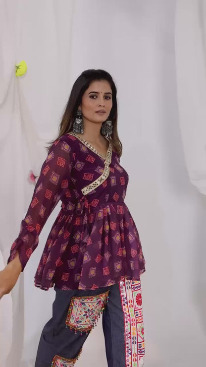 Purple Printed Kediya with Embroidered Mirror Work Denim Jeans Set