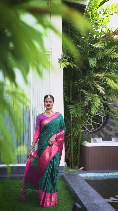 Peacock Green Banarasi Silk Saree with Rani Pink Peacock Zari Border