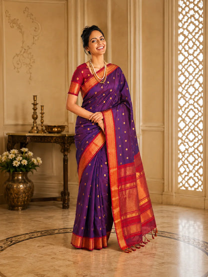 Royal Purple Cotton Silk Saree with Rani Pink Zari Border & Contrast Pink Blouse