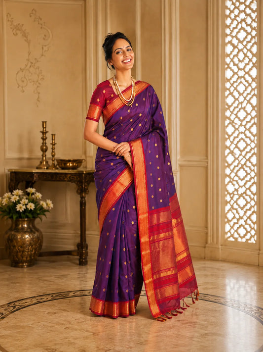 Royal Purple Cotton Silk Saree with Rani Pink Zari Border & Contrast Pink Blouse