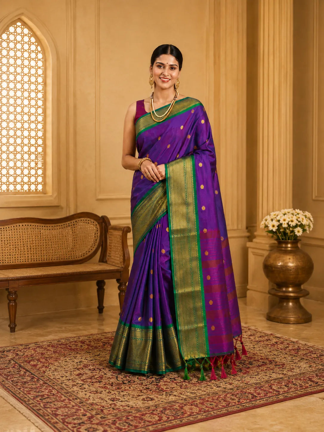 Royal Purple Cotton Silk Saree with Emerald Green Zari Border & Contrast Maroon Blouse
