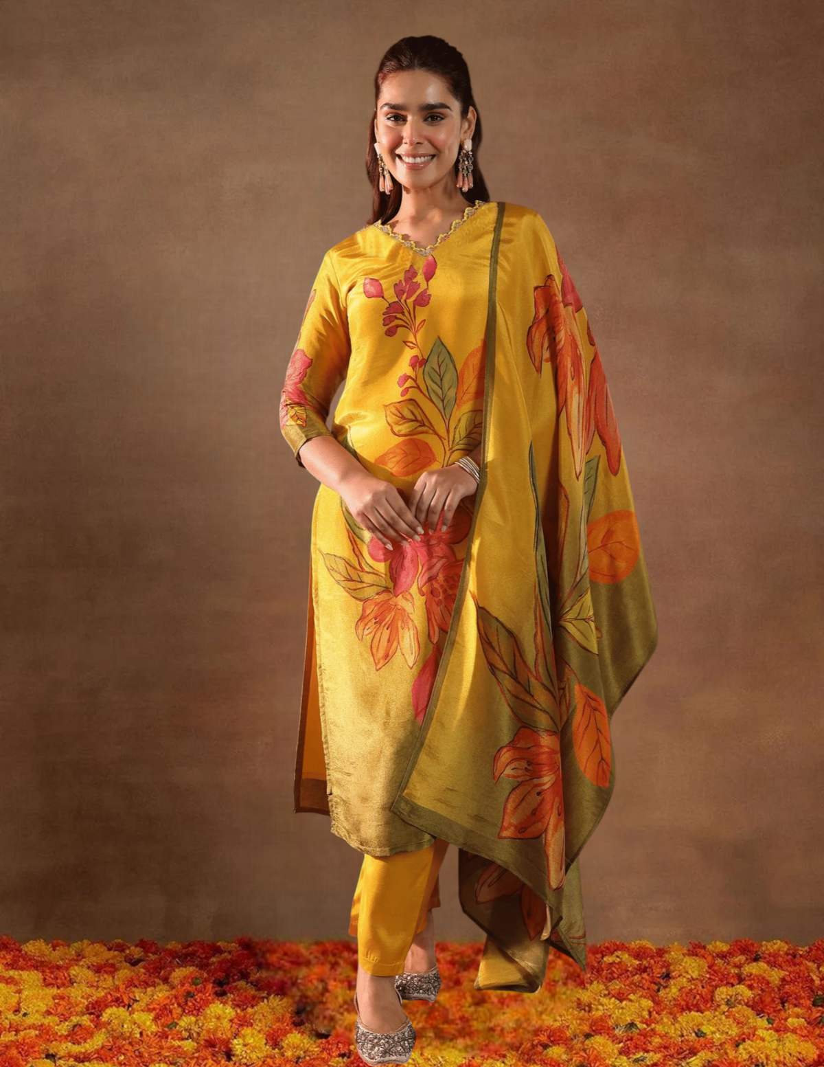 Mustard Yellow Floral Printed 3-Piece Suit Set with Dupatta