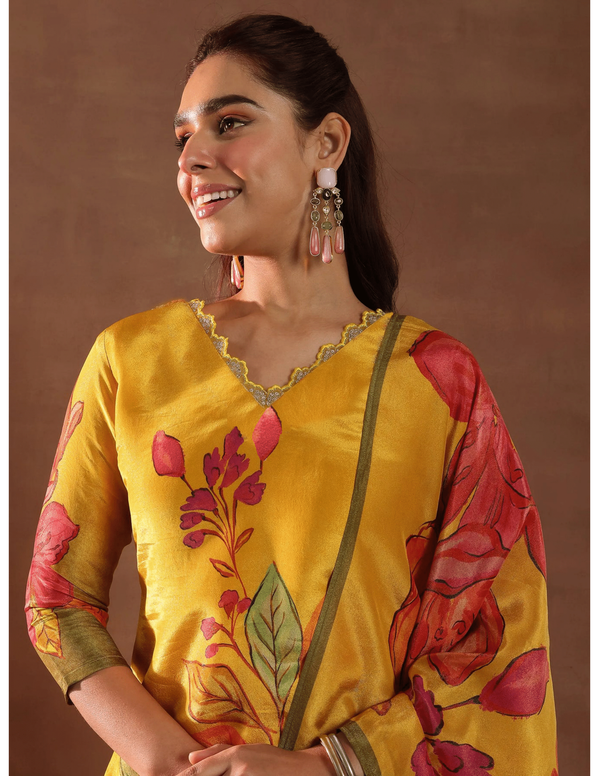 Mustard Yellow Floral Printed 3-Piece Suit Set with Dupatta