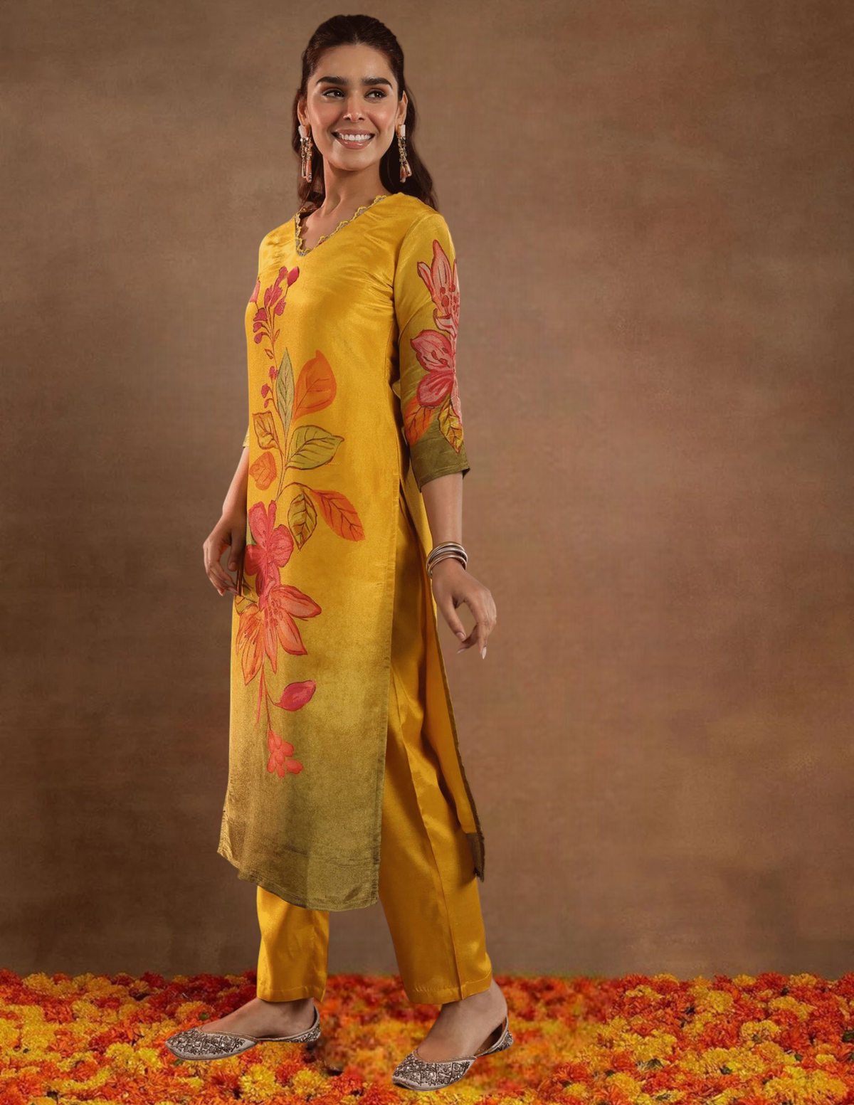 Mustard Yellow Floral Printed 3-Piece Suit Set with Dupatta