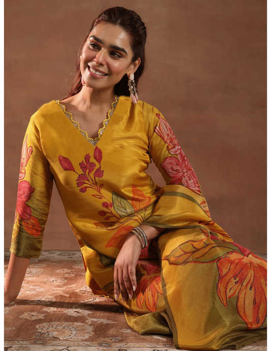 Mustard Yellow Floral Printed 3-Piece Suit Set with Dupatta