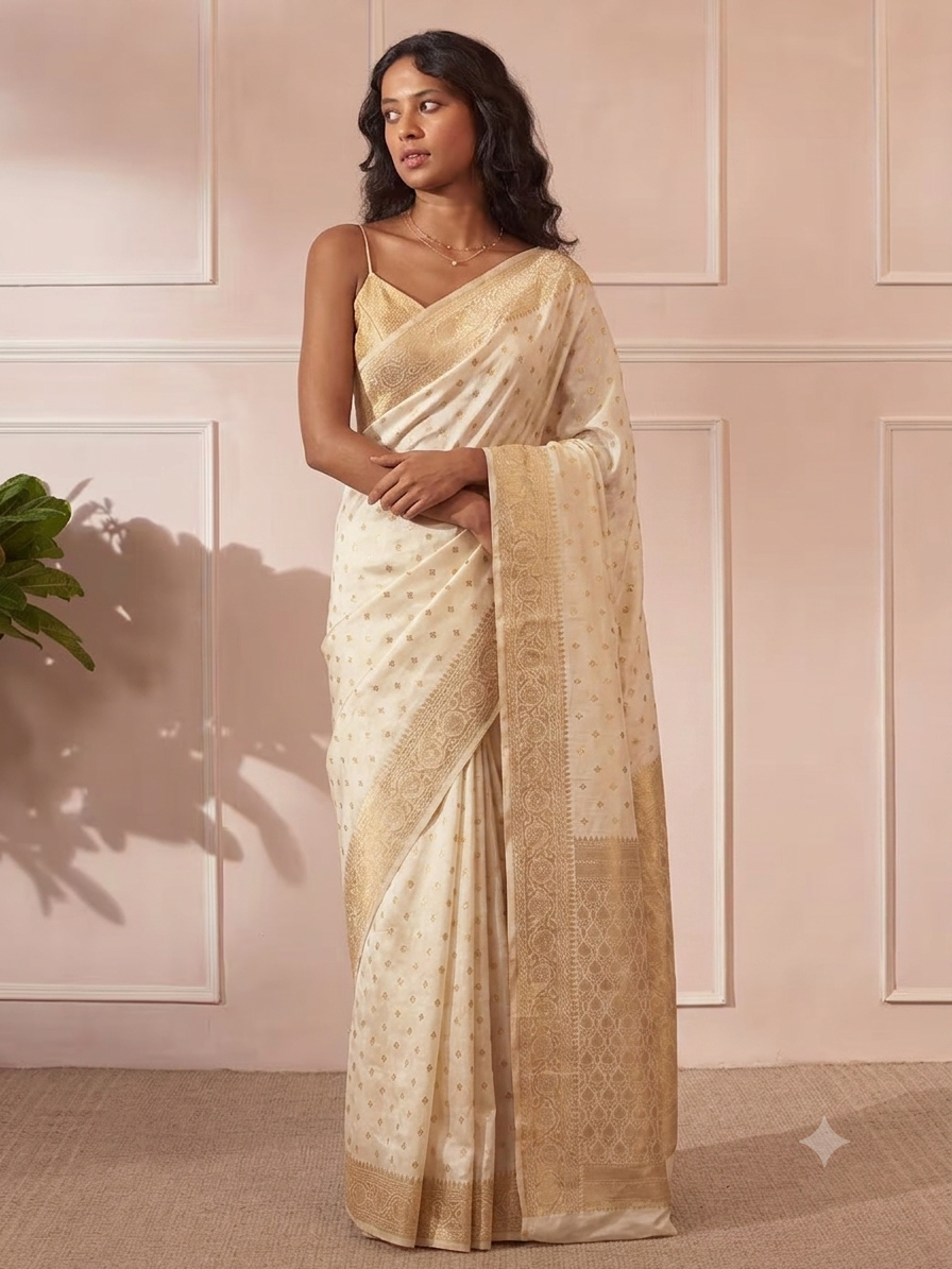 Luxury Ivory Gold Butti Banarasi Zari Woven Saree with Rich Pallu | Premium Wedding & Festive Wear