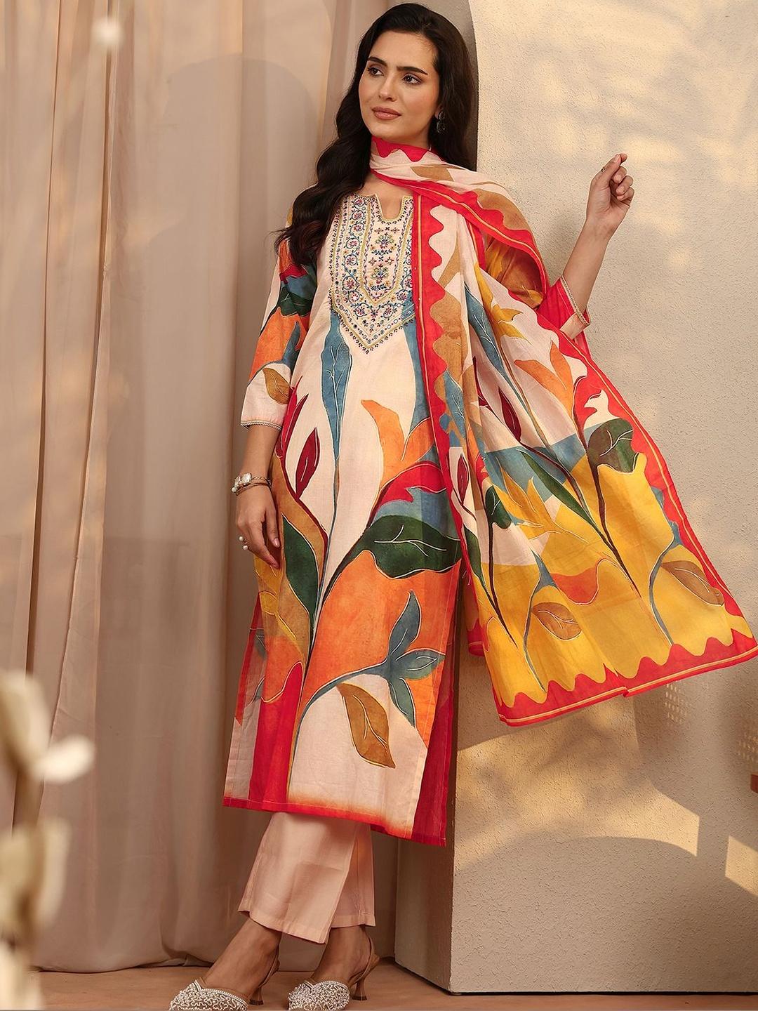 Mustard Multicolour Floral Printed Cotton Silk Blend Kurta Set with Dupatta