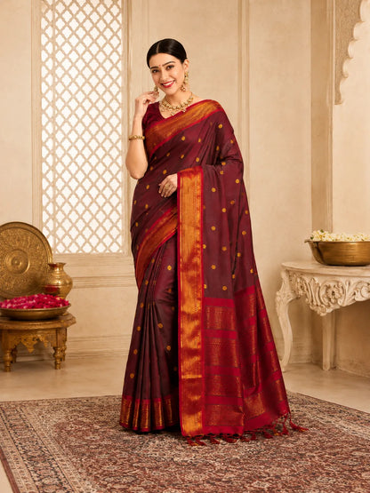 Wine Purple Cotton Silk Saree with Gold Zari Butti & Contrast Magenta Border