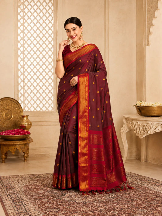 Wine Purple Cotton Silk Saree with Gold Zari Butti & Contrast Magenta Border