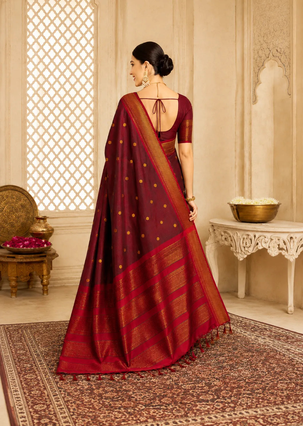 Wine Purple Cotton Silk Saree with Gold Zari Butti & Contrast Magenta Border